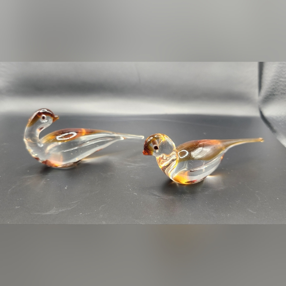 Vintage Murano Longtailed Birds Clear & Auburn Glass Art Figurines Set Of 2